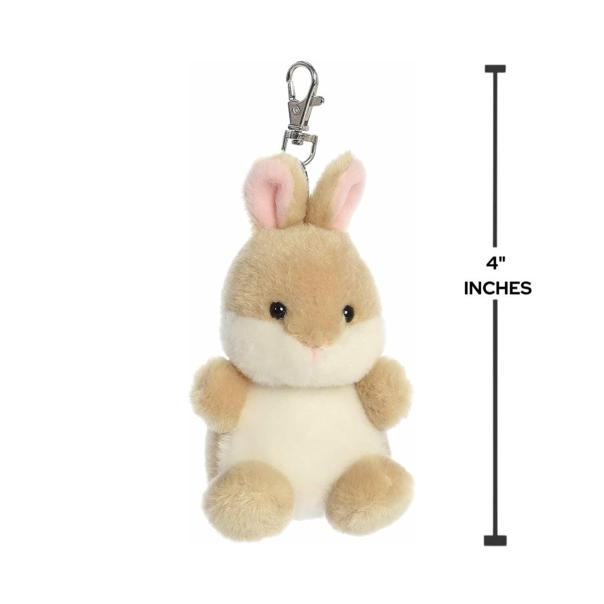 Sizing graphic showing the 4-inch Palm Pals Ella Bunny clip-on next to a measurement line to demonstrate its compact scale.