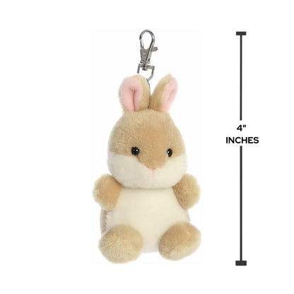 Sizing graphic showing the 4-inch Palm Pals Ella Bunny clip-on next to a measurement line to demonstrate its compact scale.