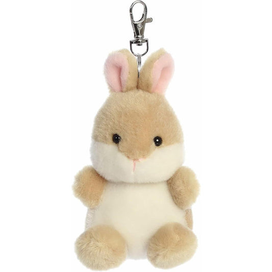 Front view of the 4-inch Aurora Palm Pals Ella Bunny plush clip-on featuring tan and white fur, pink ears, and a metal keychain clasp.