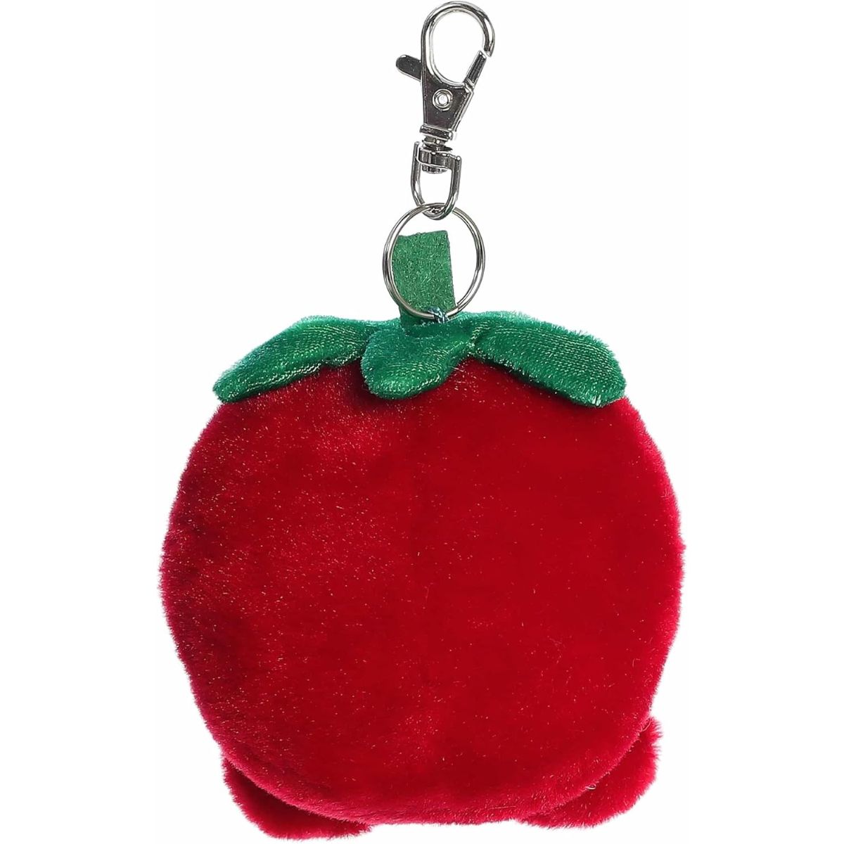 Back view of the cuddly red Palm Pals strawberry clip-on highlighting its green leaves on top.