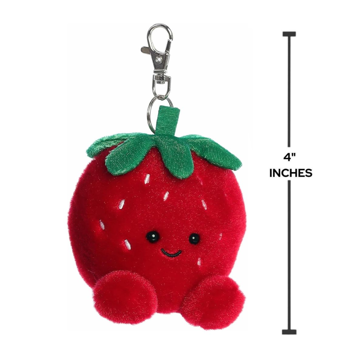 Dimension graphic showing the 4-inch Aurora Palm Pals Juicy Strawberry clip-on plush.