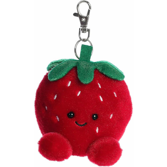 Front view of the 4-inch Aurora Palm Pals Juicy Strawberry red plush toy featuring a green leafy top and metal clip.