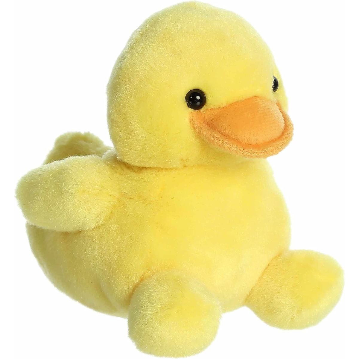 Aurora Palm Pals Tubby 5-inch Rubber Ducky plush stuffed toy sitting angled forward with bright yellow fur and an orange bill.