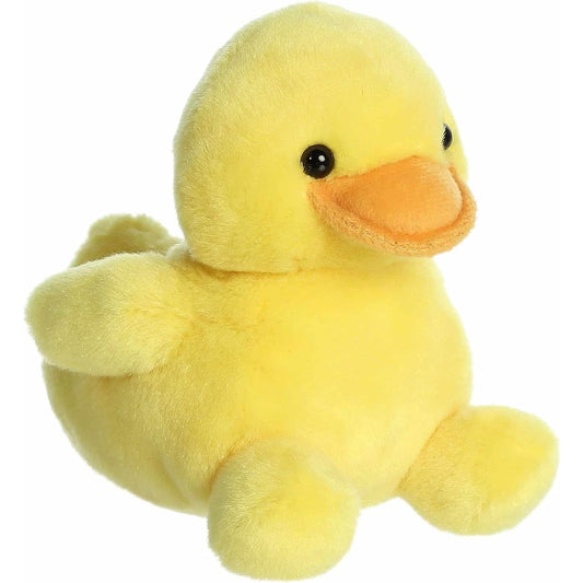 Aurora Palm Pals Tubby 5-inch Rubber Ducky plush stuffed toy sitting angled forward with bright yellow fur and an orange bill.