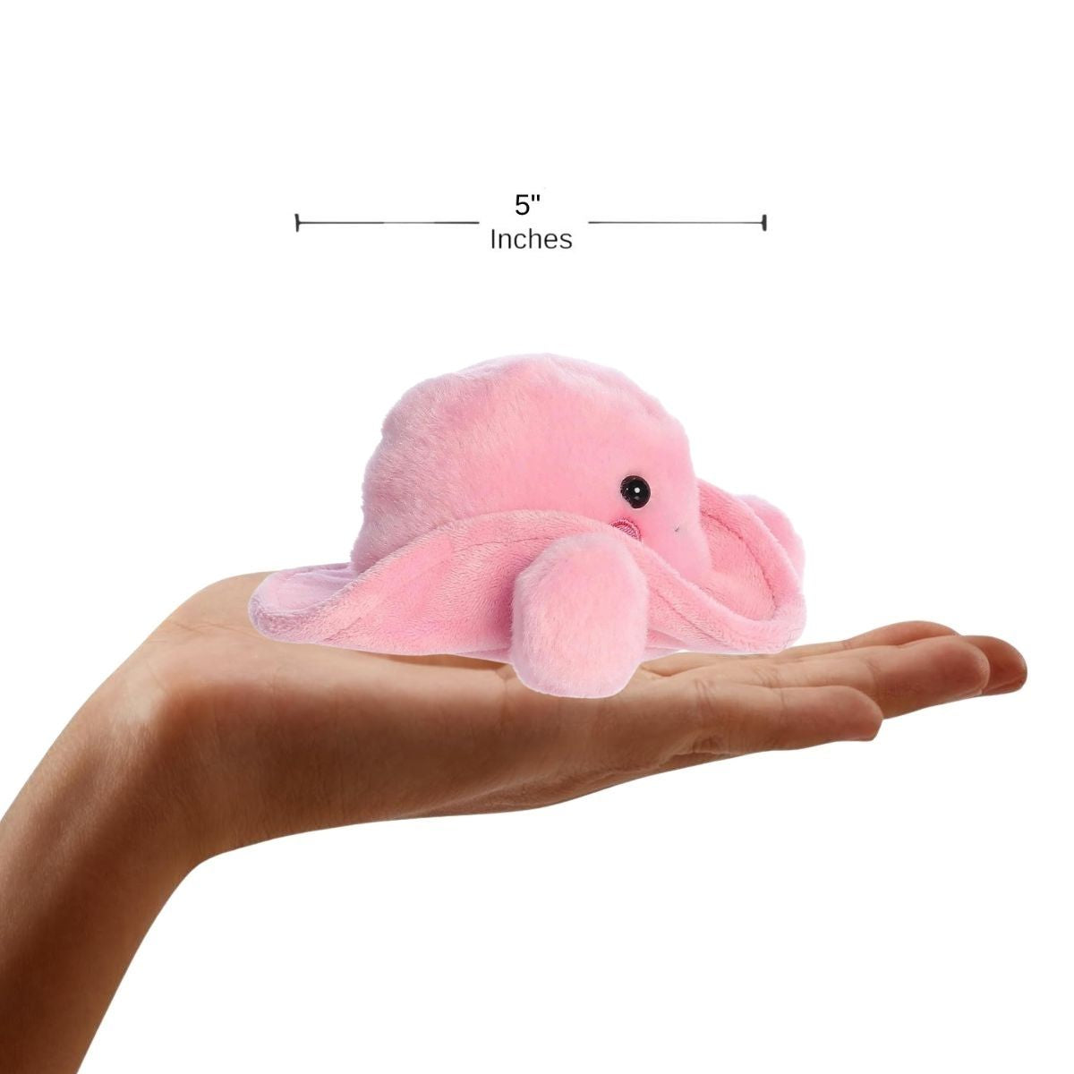 The miniature Sally Pink Cowgirl Hat plush sitting inside an open human hand displaying a 5-inch width indicator graphic.