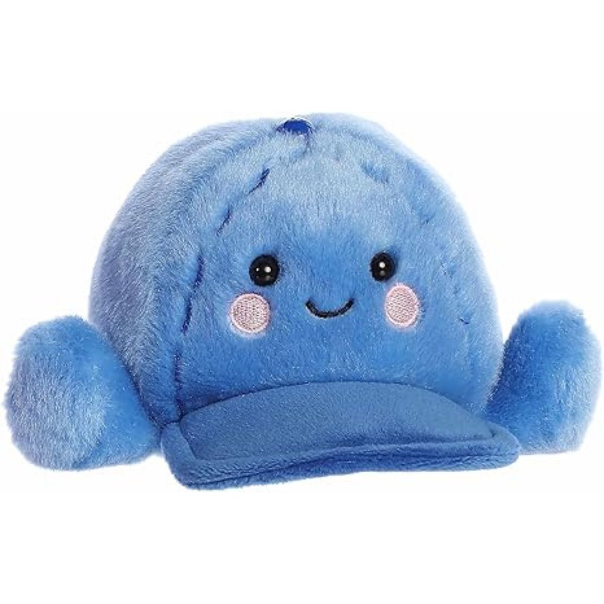 Angled view of the 5-inch Aurora Palm Pals Sawyer blue baseball cap plush toy featuring a cute face and pink cheeks.
