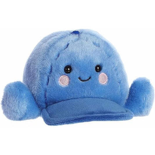 Angled view of the 5-inch Aurora Palm Pals Sawyer blue baseball cap plush toy featuring a cute face and pink cheeks.