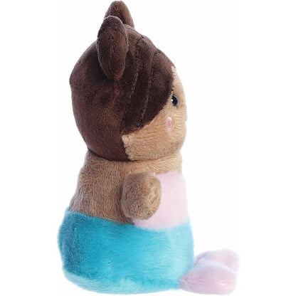 The right side profile thumbnail of the sitting mermaid plush doll highlighting her curved brown hair buns and two-toned outfit.
