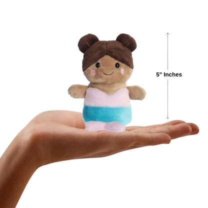 The miniature Oceana Mermaid plush doll resting balanced in the palm of an open human hand under a 5-inch height graphic indicator.