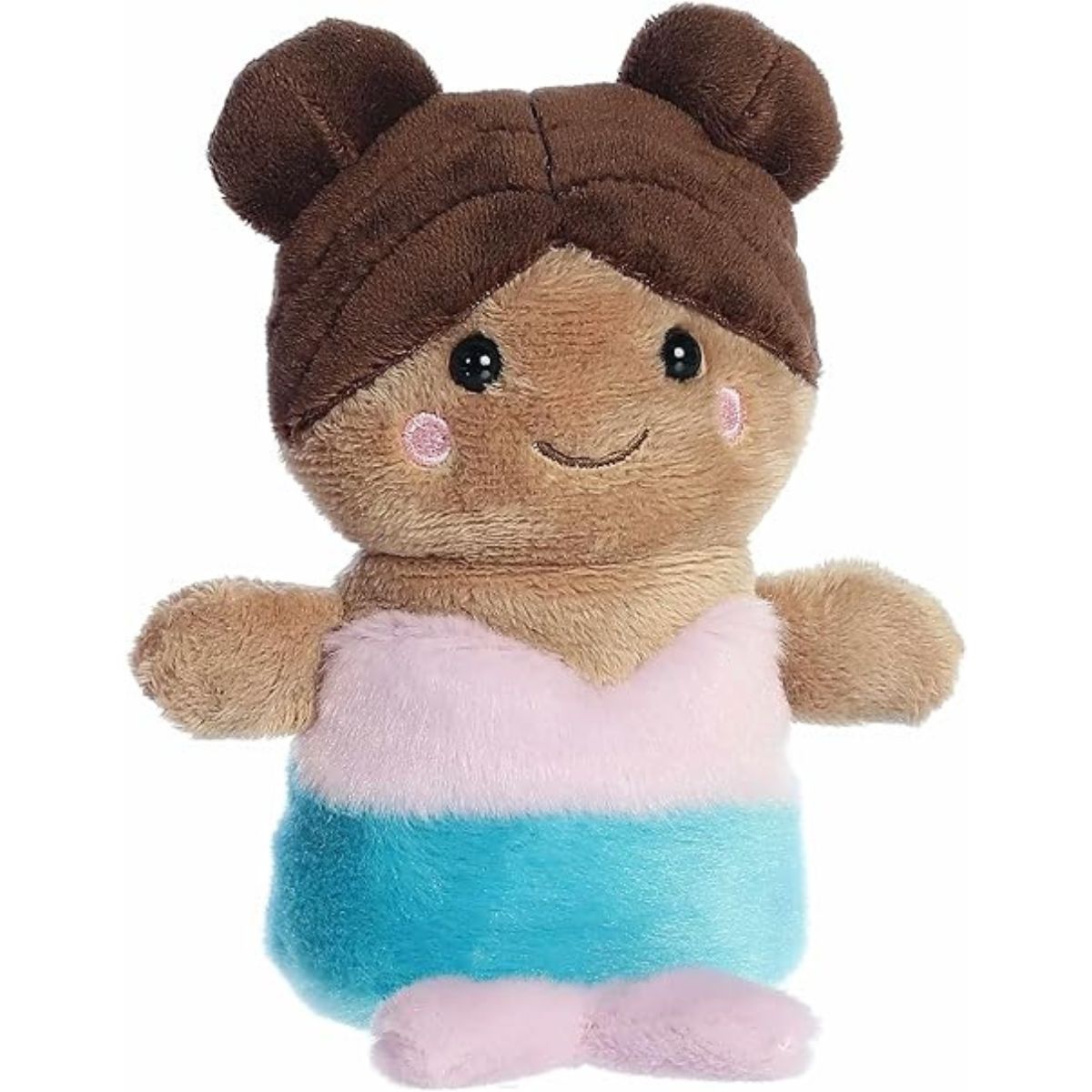 Aurora Palm Pals Oceana 5-inch Mermaid plush toy sitting forward with brown space buns, a pink top, and a turquoise tail.