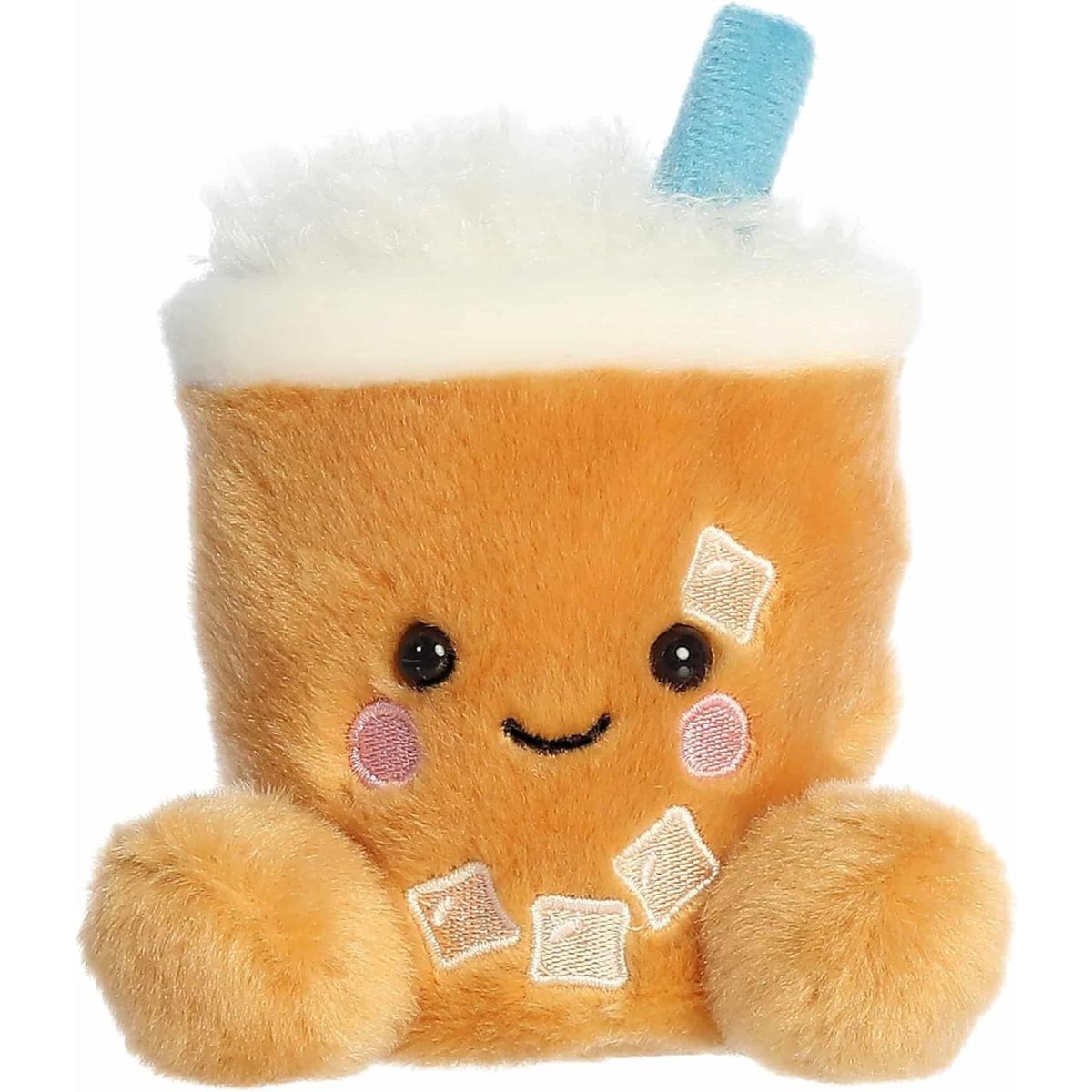A close-up front portrait thumbnail of the Ashley Iced Coffee plush showcasing its sweet smiling mouth, rosy pink cheeks, and embroidered ice cubes.