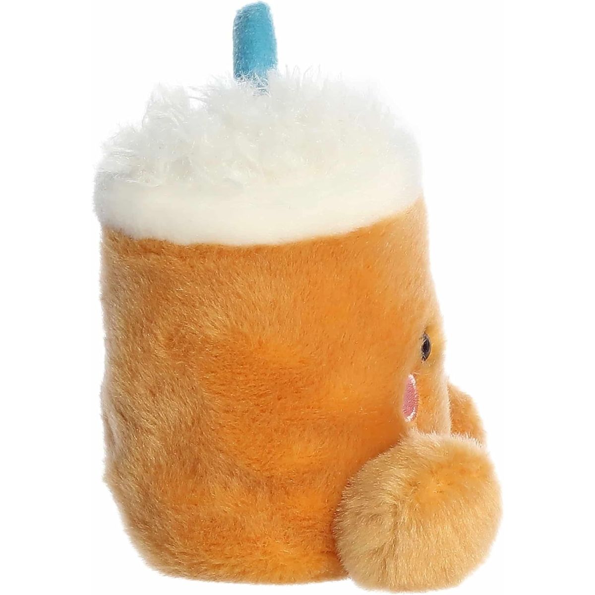 The right side profile thumbnail of the sitting tan iced coffee plush showing its cylindrical cup shape and thick white plush cream border.