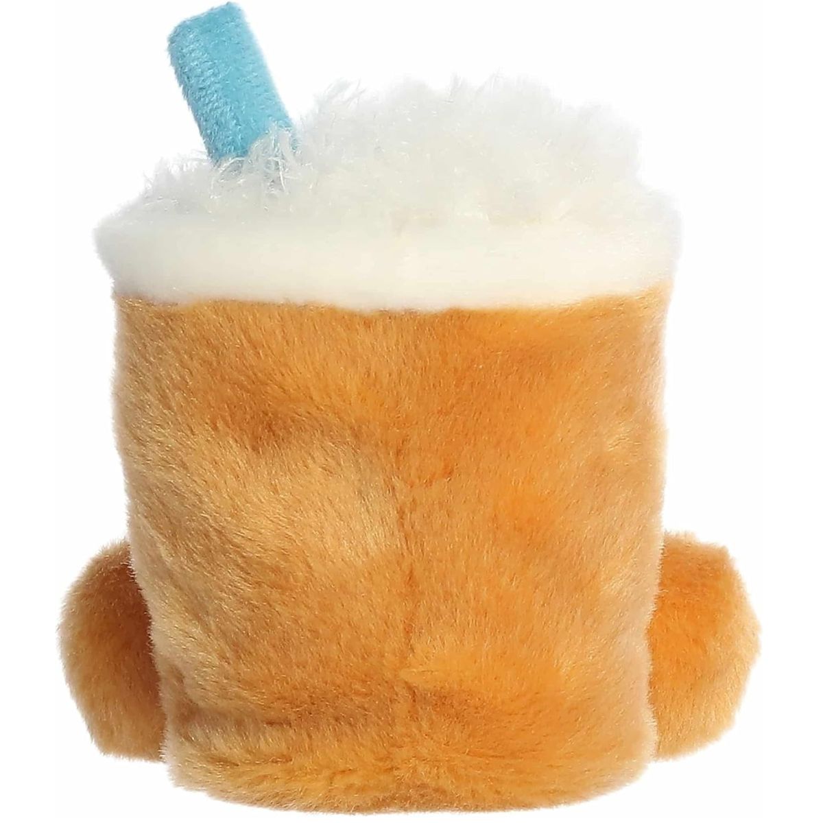 The rear thumbnail view of the tan Aurora coffee cup stuffed toy displaying its clean plush backing and stitched blue straw.