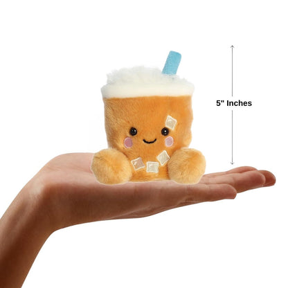 The miniature Ashley Iced Coffee plush resting balanced inside an open human hand under a 5-inch height graphic indicator.