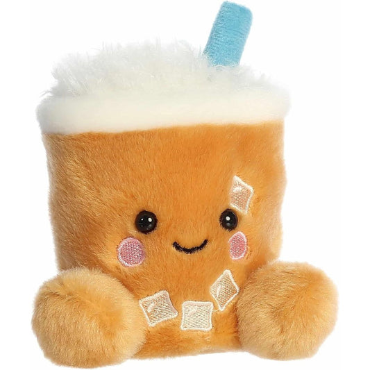 Aurora Palm Pals Ashley 5-inch Iced Coffee plush stuffed toy sitting forward with a golden-tan cup body, white fluffy foam top, and a blue straw.