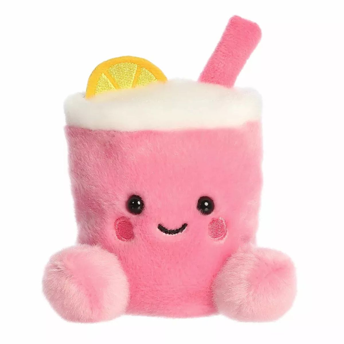 A close-up front portrait thumbnail of the Zelie Pink Lemonade plush showcasing its sweet smiling mouth, rosy cheeks, pink straw, and two pink feet.