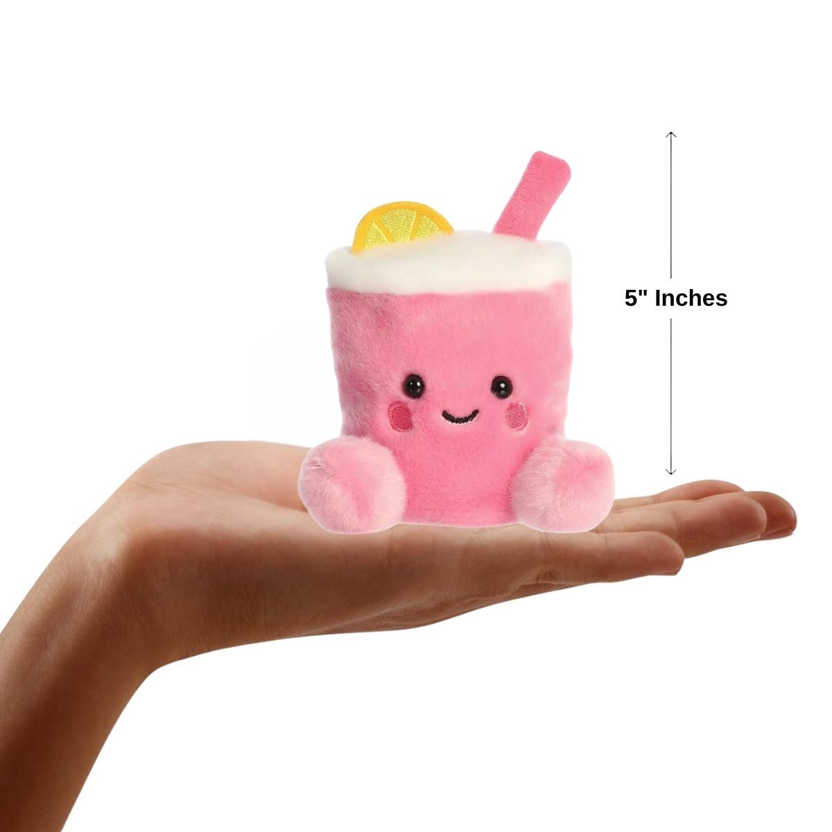 The miniature Zelie Pink Lemonade plush resting balanced in the palm of an open human hand under a 5-inch height graphic indicator.