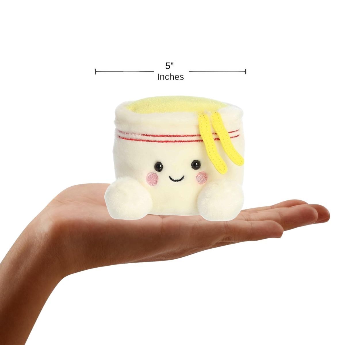 The miniature Dashi Cup Ramen Noodles plush resting inside an open human hand under a 5-inch height graphic indicator.