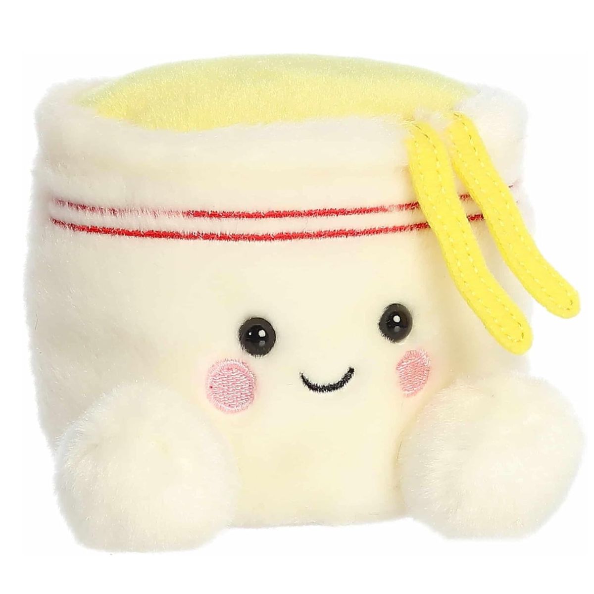 Aurora Palm Pals Dashi 5-inch Cup Ramen Noodles plush stuffed toy sitting forward with a creamy white cup body, red stripes, and dangling yellow noodles.