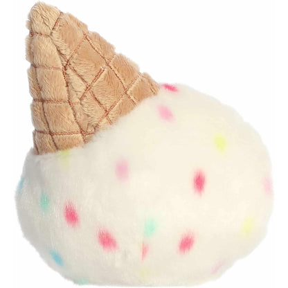 Direct back view of the cuddly Palm Pals ice cream stuffed animal showing its continuous sprinkle pattern and cone.