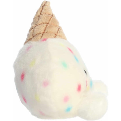 Side profile of the Aurora Palm Pals Sprinkle Ice Cream plush highlighting its round shape and textured waffle cone.