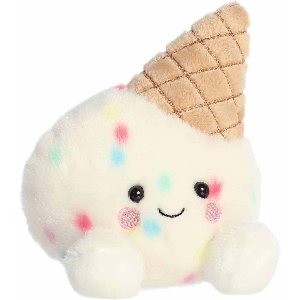 Angled front view of the soft white Palm Pals ice cream plush sitting upright with a waffle cone on its head.