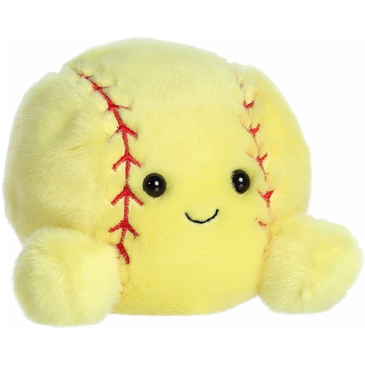 Angled front view of the soft yellow Palm Pals softball plush sitting upright.
