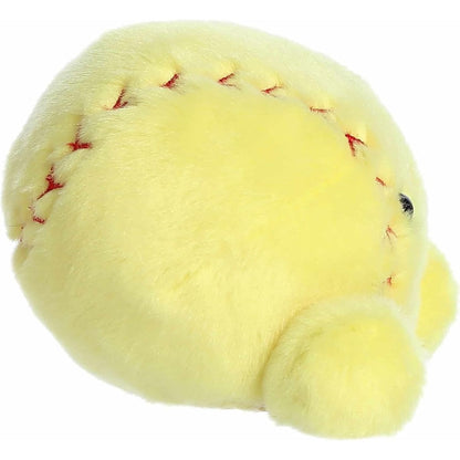 Side profile of the Aurora Palm Pals Shortstop Softball plush highlighting its round shape and red seam details.