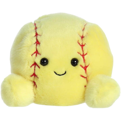 Straight-on front view of the 5-inch Aurora Palm Pals Shortstop Softball stuffed animal showing its yellow body, red stitching, and smiling face.