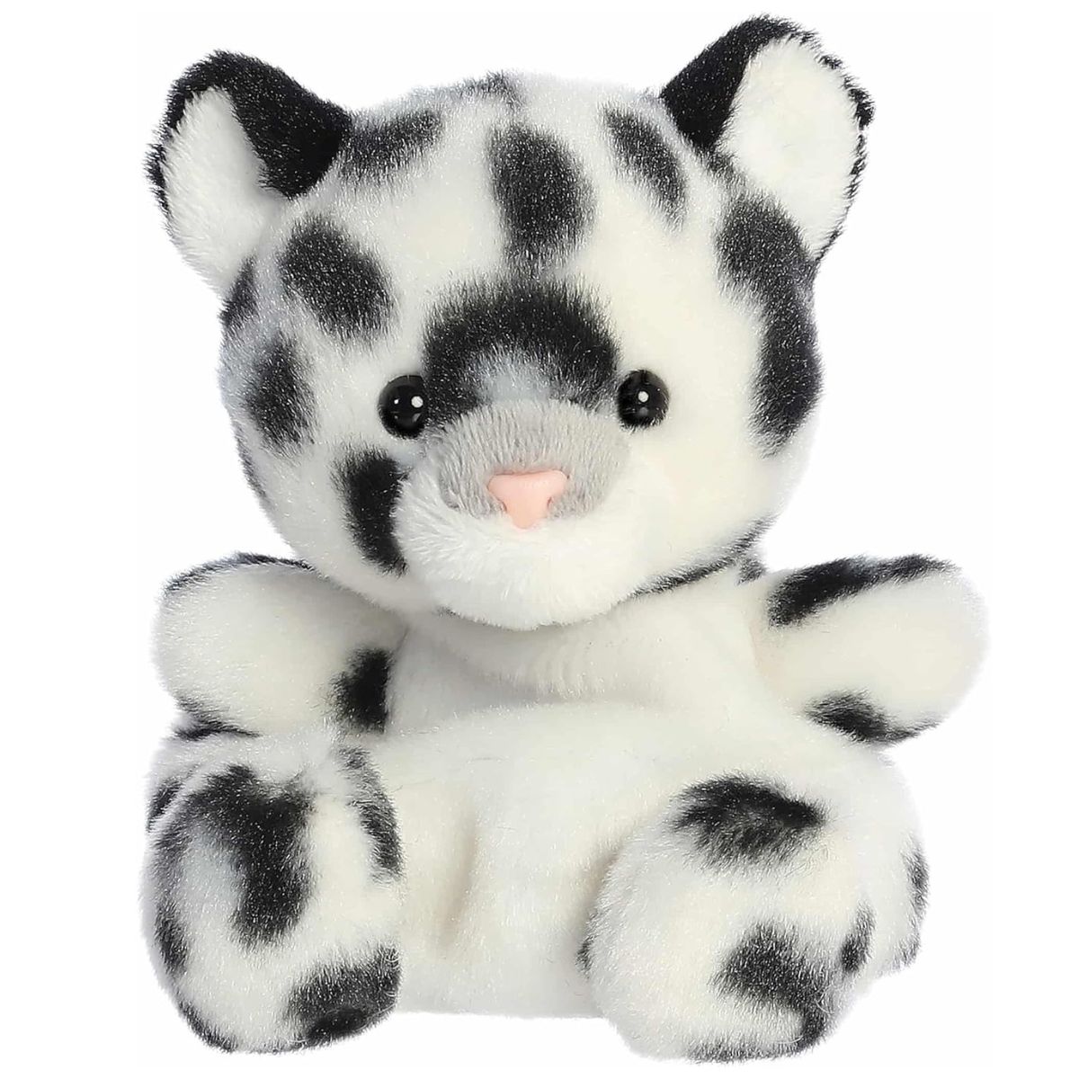 Straight-on front view of the 5-inch Aurora Palm Pals Kaia Snow Leopard stuffed animal showing its white fur and black spots.