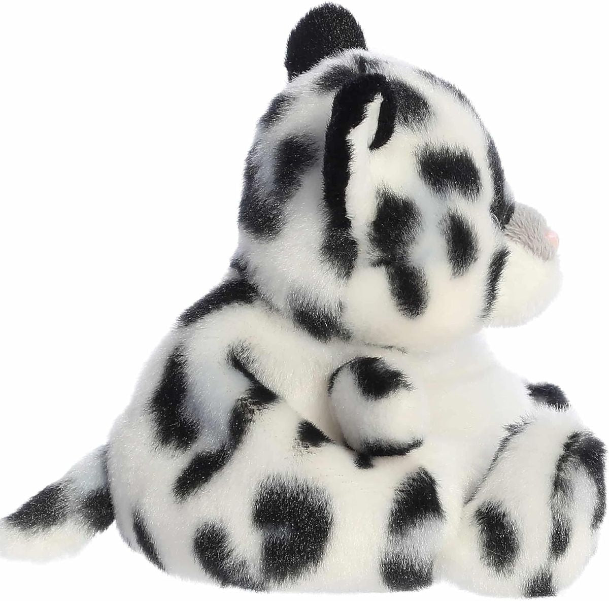 Side profile of the Aurora Palm Pals Kaia Snow Leopard plush highlighting its spotted tail and round shape.