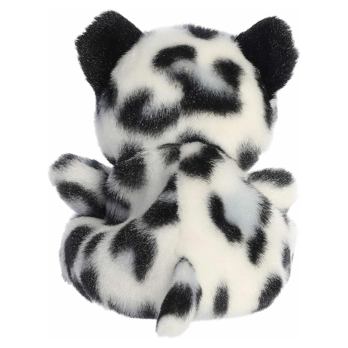 Direct back view of the cuddly white and black Palm Pals snow leopard stuffed animal showing its spots and tail.