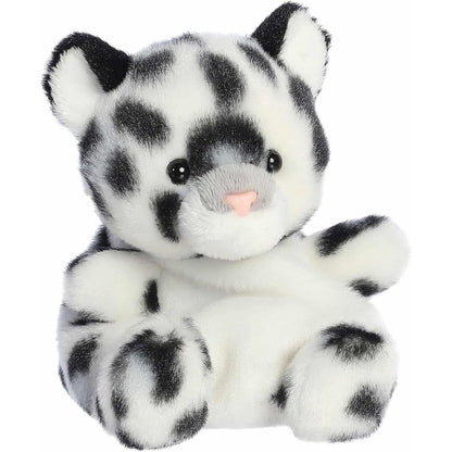 Angled front view of the soft spotted Palm Pals snow leopard plush sitting upright.