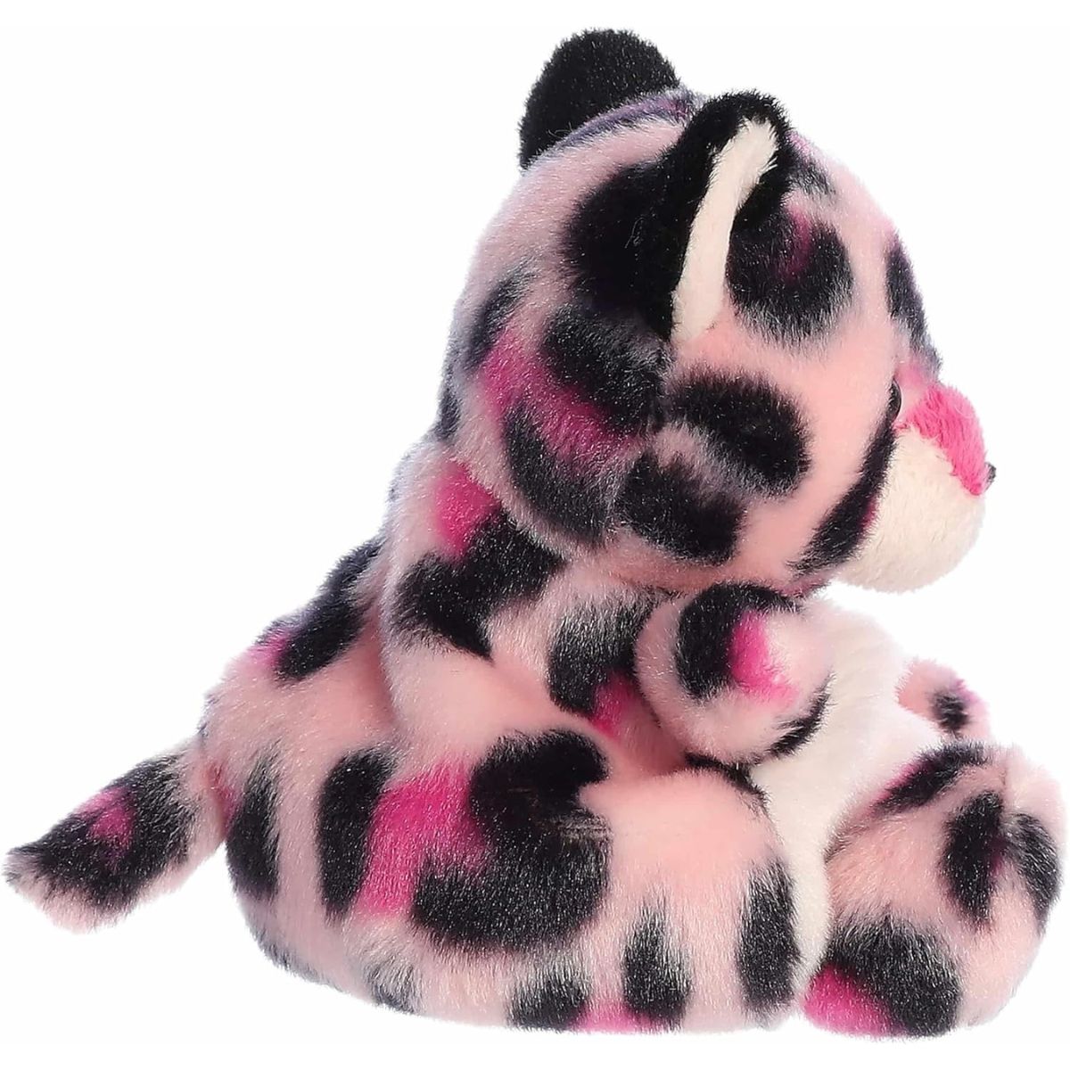 Side profile of the Aurora Palm Pals Regina Pink Leopard plush highlighting its spotted back and tail.