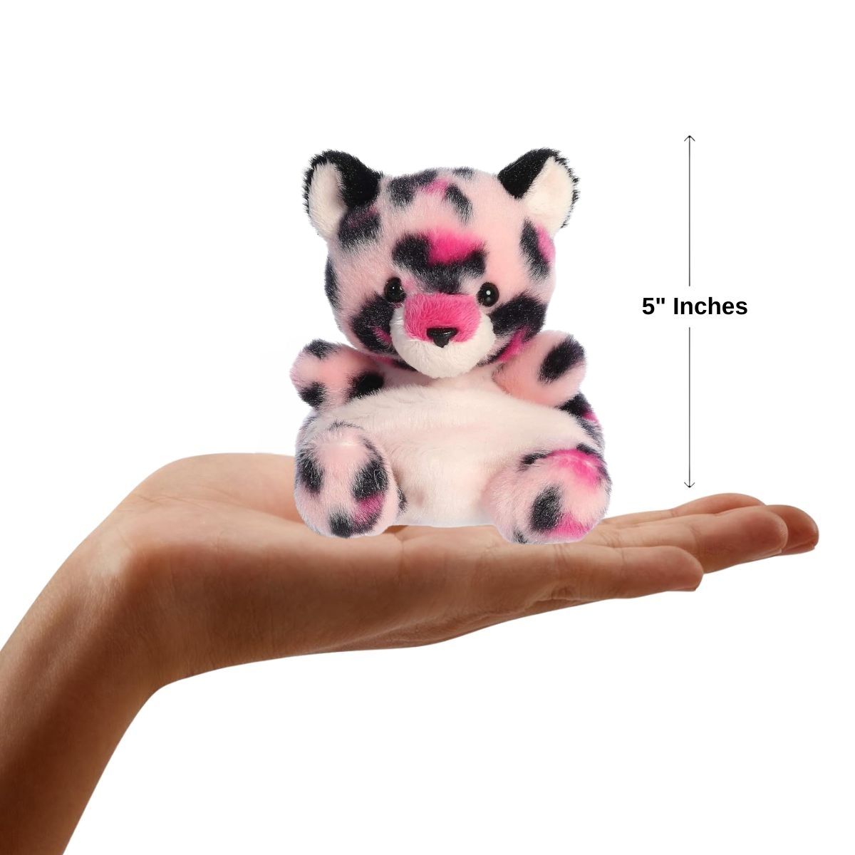Dimension graphic showing the 5-inch Aurora Palm Pals Regina Pink Leopard resting comfortably in a person's hand.
