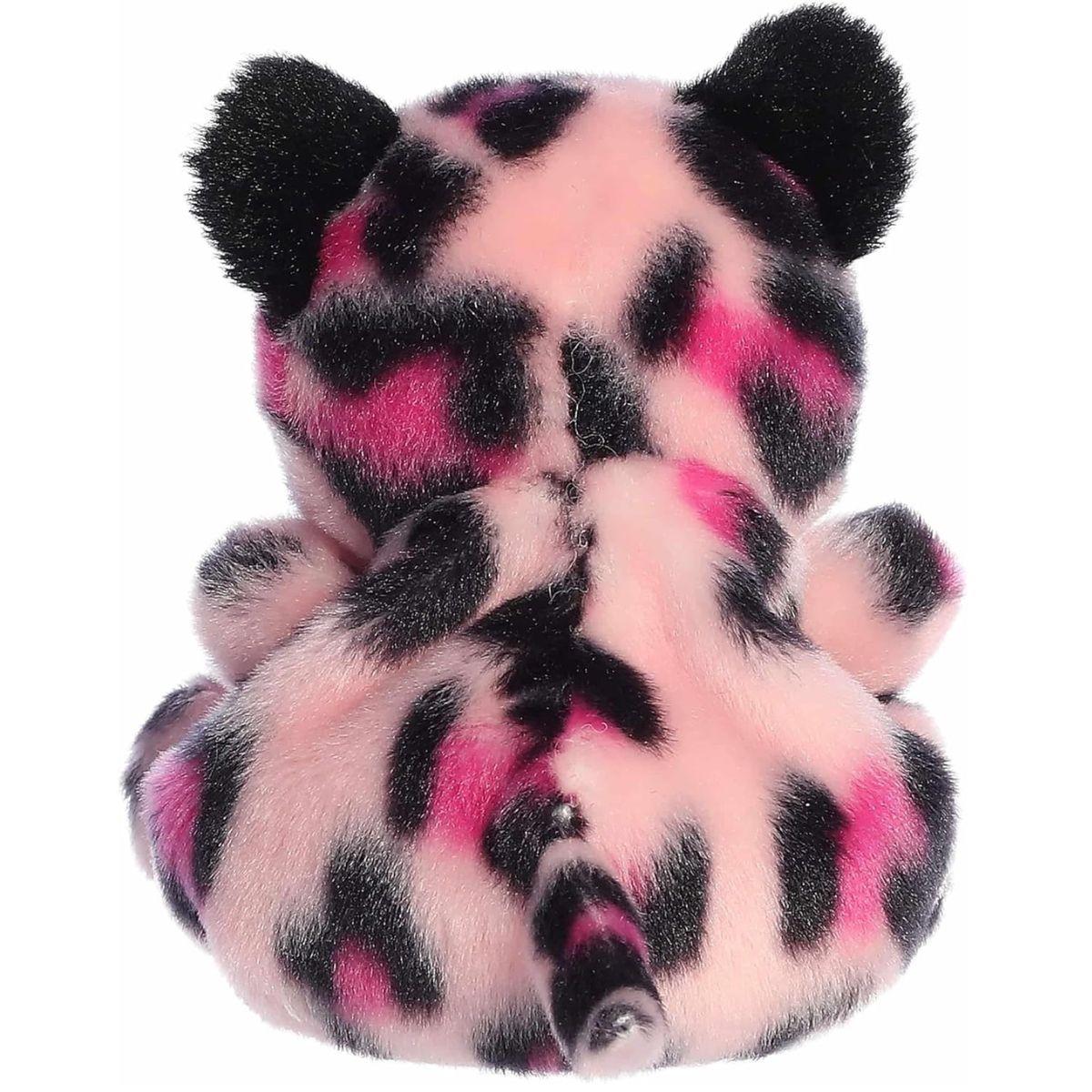 Direct back view of the cuddly pink and black Palm Pals leopard stuffed animal showing its long spotted tail.