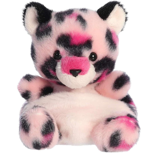 Straight-on front view of the 5-inch Aurora Palm Pals Regina Pink Leopard stuffed animal showing its spots and white belly.