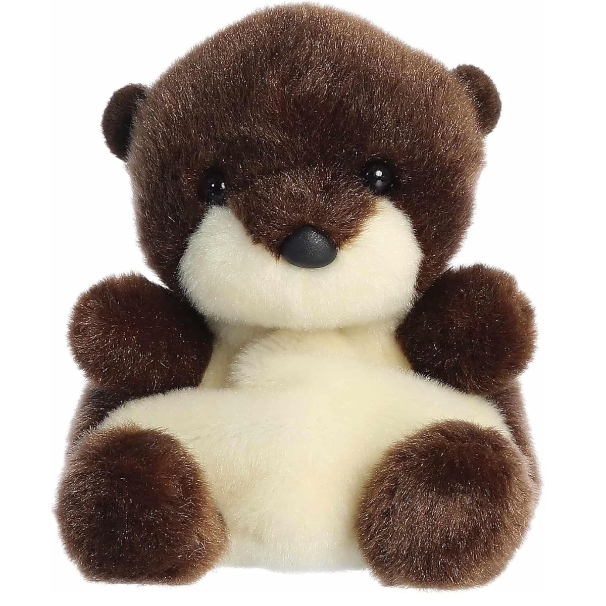 Straight-on front view of the 5-inch Aurora Palm Pals Elena River Otter stuffed animal showing its brown and cream