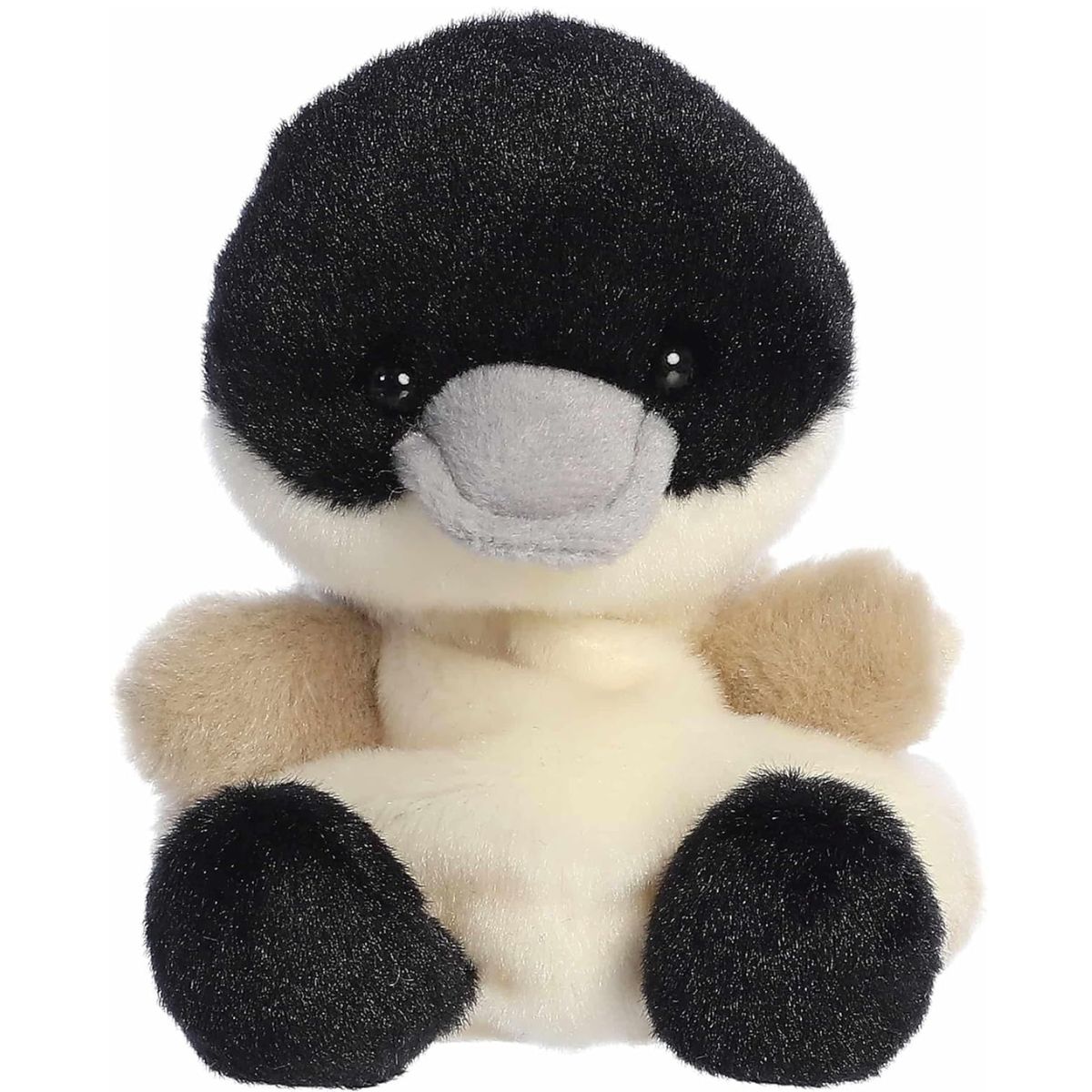 A close-up front portrait thumbnail of the Alberta Canadian Goose plush highlighting its dark black eyes and dark webbed feet.