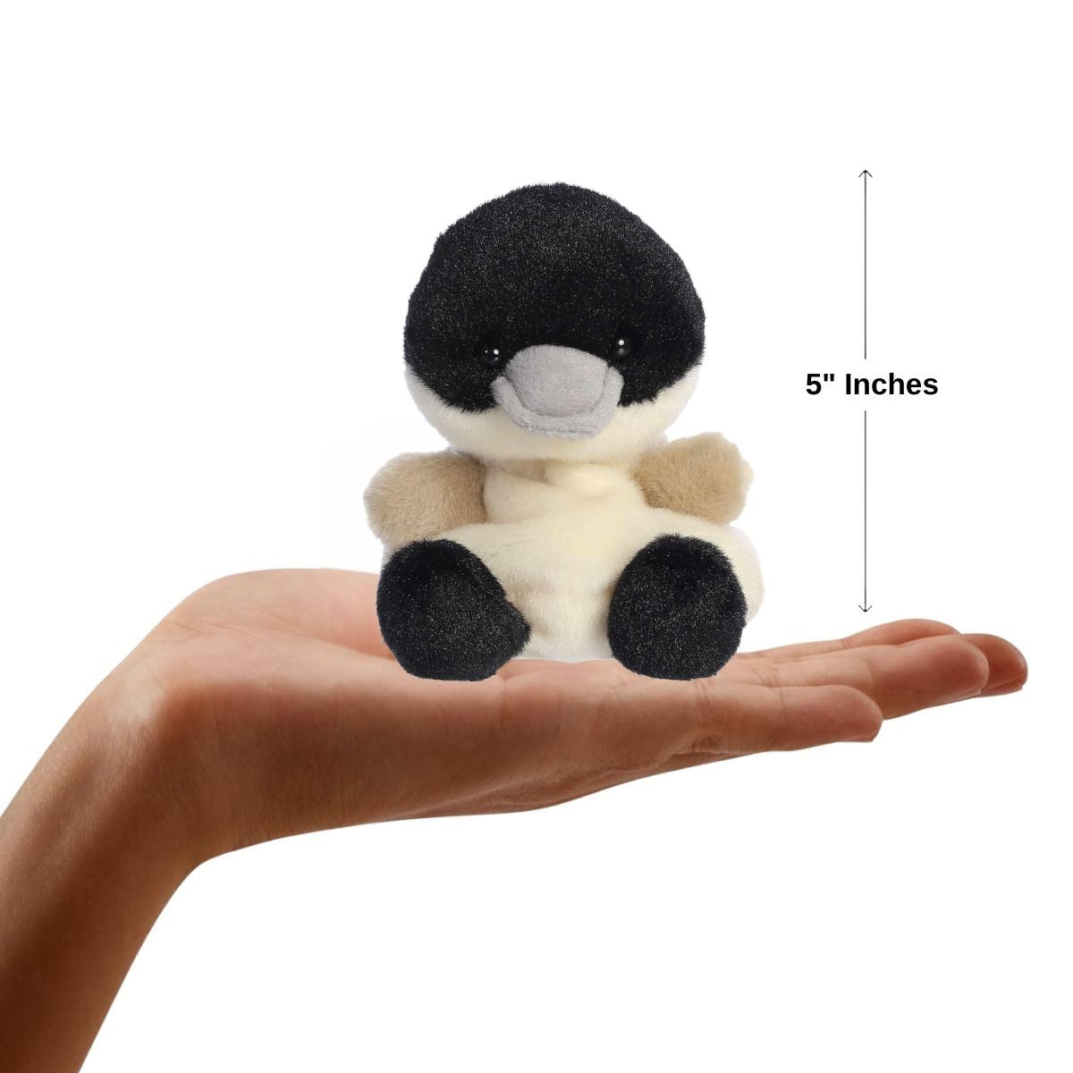 The miniature Alberta Canadian Goose plush sitting inside an open human hand under a 5-inch width indicator graphic.