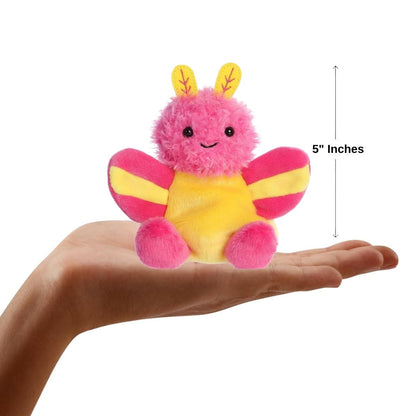 The miniature Astrid Rosy Maple Moth plush resting in an open human hand displaying a 5-inch width graphic indicator.