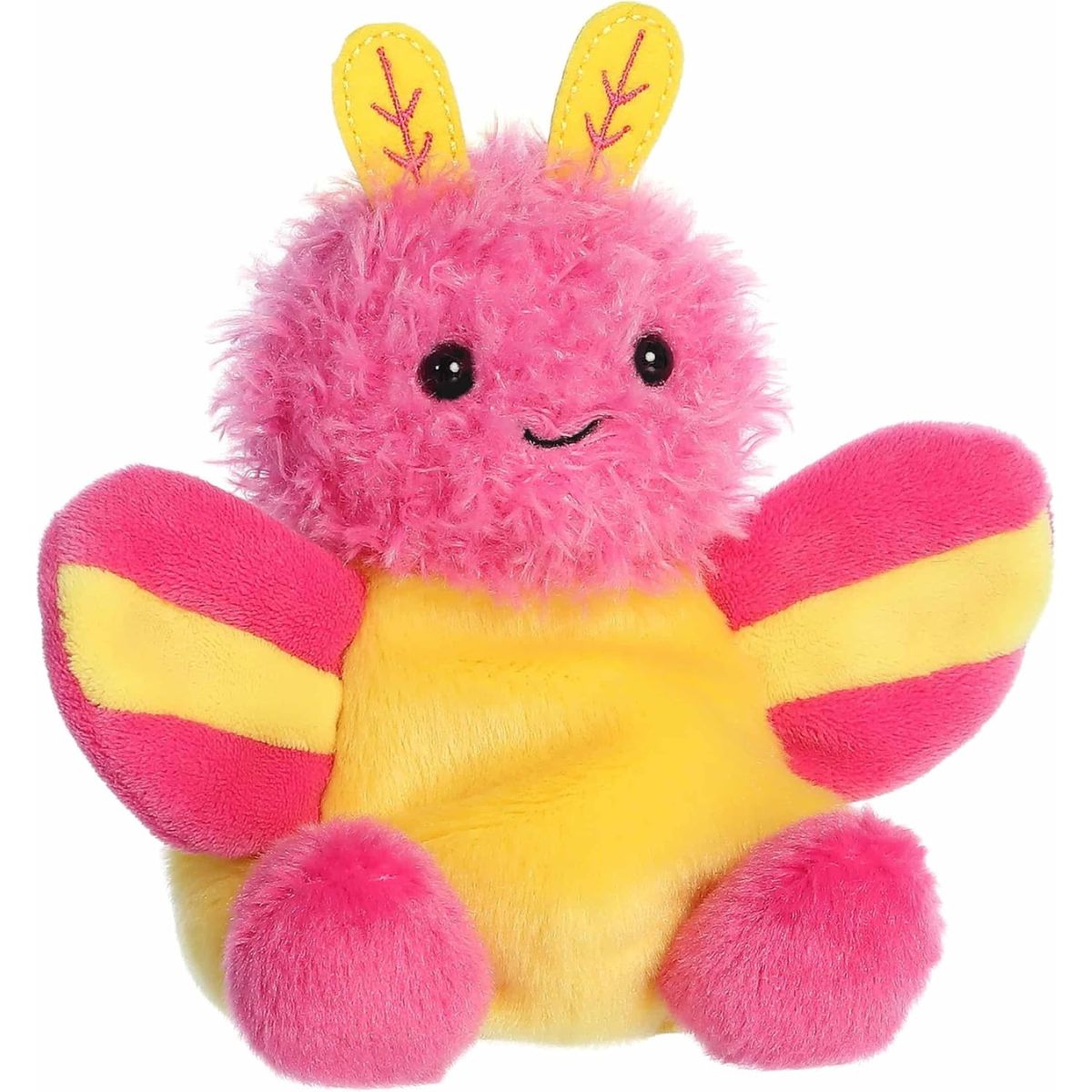 Aurora Palm Pals Astrid 5-inch Rosy Maple Moth plush stuffed toy sitting forward with a shaggy pink head and yellow body.