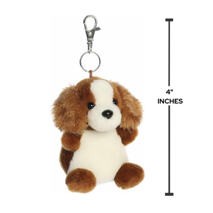 Sizing graphic showing the 4-inch Palm Pals Lady Spaniel clip-on next to a measurement line to demonstrate its compact scale.