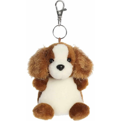 Front view of the 4-inch Aurora Palm Pals Lady Spaniel plush clip-on featuring brown and white fur, floppy ears, and a metal keychain clasp.