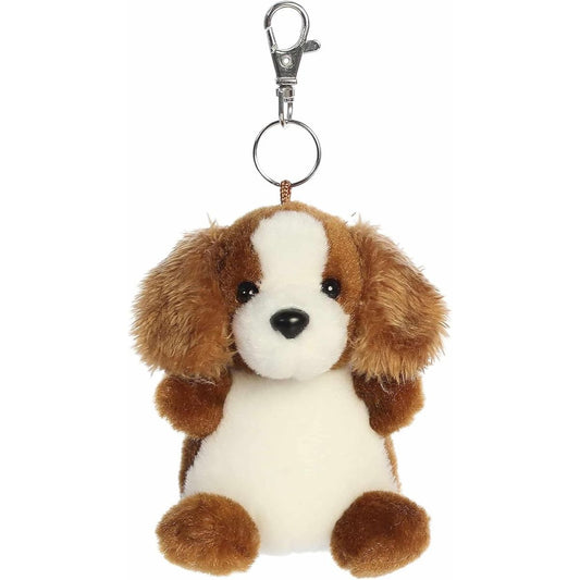 Front view of the 4-inch Aurora Palm Pals Lady Spaniel plush clip-on featuring brown and white fur, floppy ears, and a metal keychain clasp.
