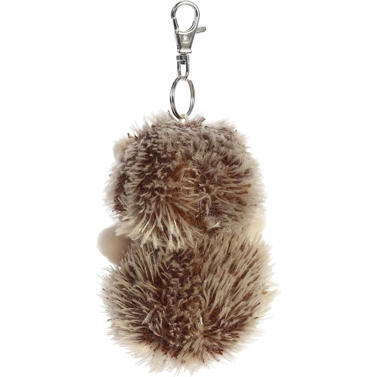 Back view of the cuddly Palm Pals hedgehog clip-on highlighting its fuzzy brown and tan faux-fur.