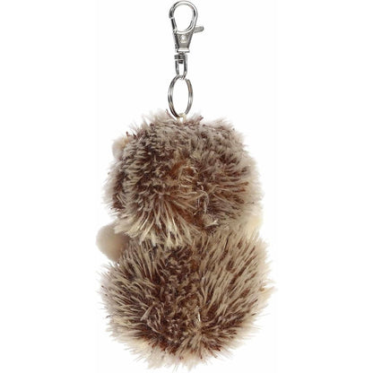 Back view of the cuddly Palm Pals hedgehog clip-on highlighting its fuzzy brown and tan faux-fur.
