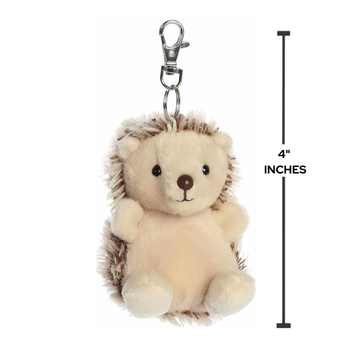 Dimension graphic showing the 4-inch Aurora Palm Pals Hedgie Hedgehog clip-on plush.