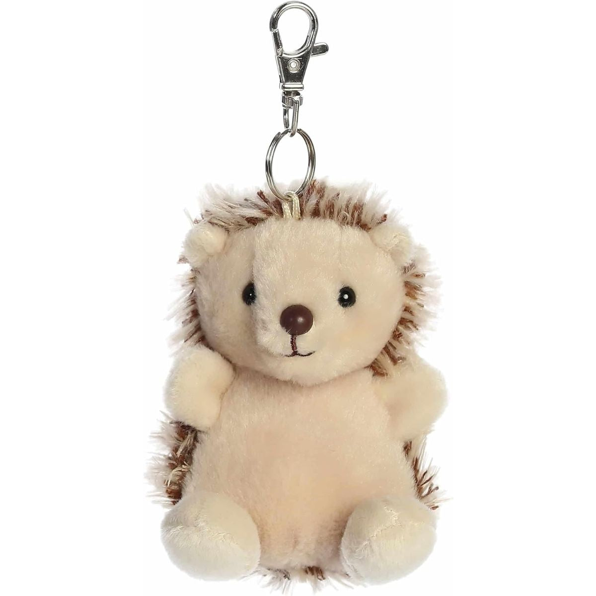 Front view of the 4-inch Aurora Palm Pals Hedgie Hedgehog plush toy with a light beige face and metal clip.