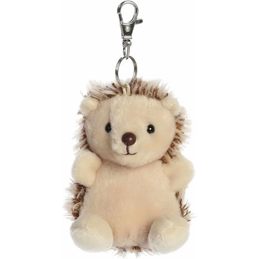 Front view of the 4-inch Aurora Palm Pals Hedgie Hedgehog plush toy with a light beige face and metal clip.